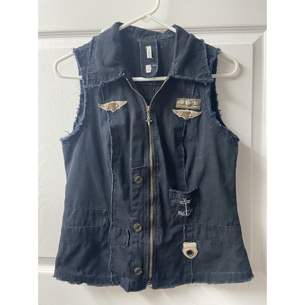 MUR Nautical  Jean Vest Womens Medium Black Denim Rustic Blingy Frayed Y2k